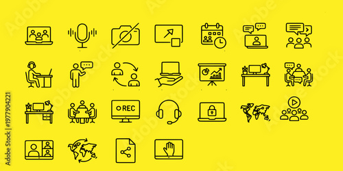 icon sheet collection of virtual meeting and remote workspace icons including video conference tools, digital collaboration, home office, and communication symbols.
