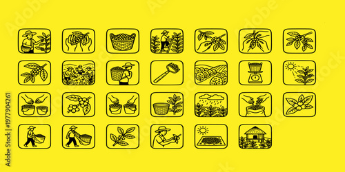 icon sheet collection of coffee production line icons illustrating the harvest process, farmers picking beans, drying techniques, and traditional plantation scenes.