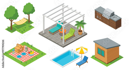 Isometric backyard with patio pool and outdoor dining areas
