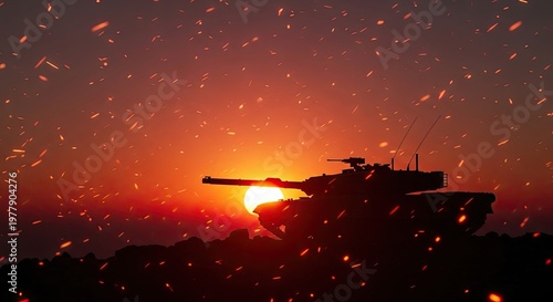 Military Tank Silhouette at Dramatic Sunset.