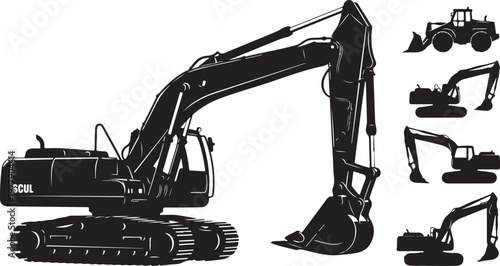 Excavator and construction equipment illustrations in black and white