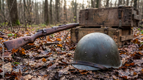 Cuadro en lienzo Historical photograph of an old military rifle and helmet resting on autumn leaves