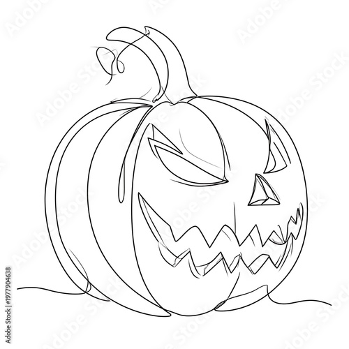 A single-line drawing of a Halloween pumpkin. It has a carved face with jagged teeth and a triangular nose. The lines are thin and simple