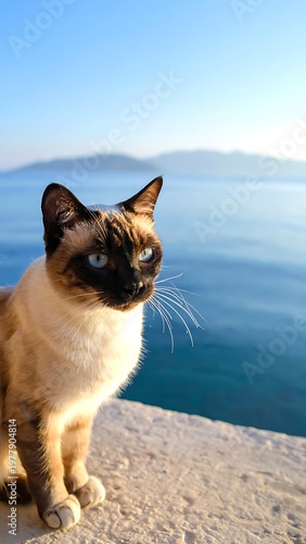 A Siamese cat with striking blue eyes sits on a ledge, the sea and mountains in the background under a clear sky