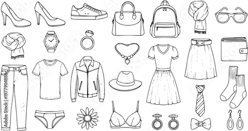 Fashion Doodle Set: Clothing, Accessories, and Style Elements in Vector