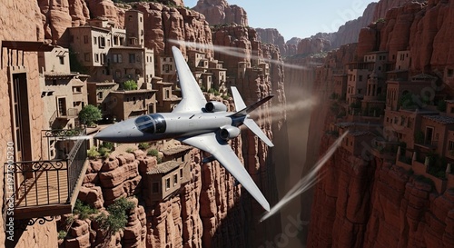 Private Jet Flying Over Desert Canyon Landscape.