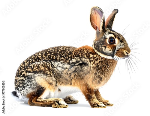 A side view depiction of a desert mammal with brown and tan fur, prominent ears, and whiskers against a white background