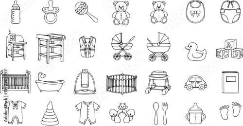 Monochrome Line Art Vector Icon Set of Baby Care Essentials, Toys, Furniture, and Clothing for Newborns and Infants
