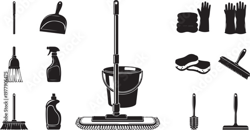 Cleaning supplies and tools for household chores and maintenance