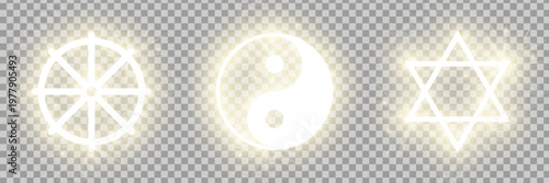 Shining gold Riligious symbols pack isolated on transparent background: Wheel of Dharma (Buddhism sign), Yin and Yang (Taoism sign), Star of David (Judaism). Vector illustration