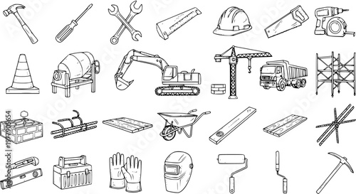 Hand-drawn Outline Sketch Icons Set of Construction Tools, Heavy Machinery, and Building Materials for Industrial Projects and Work