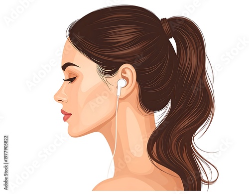 A side-profile illustration of a young woman with long, brown hair pulled into a ponytail. She wears white earbuds. Her eyes are closed