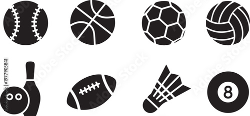 Sports Ball Icon Set, Basketball Football Tennis Volleyball Symbols Collection Vector
