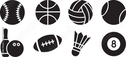 Sports Ball Icon Set, Basketball Football Tennis Volleyball Symbols Collection Vector