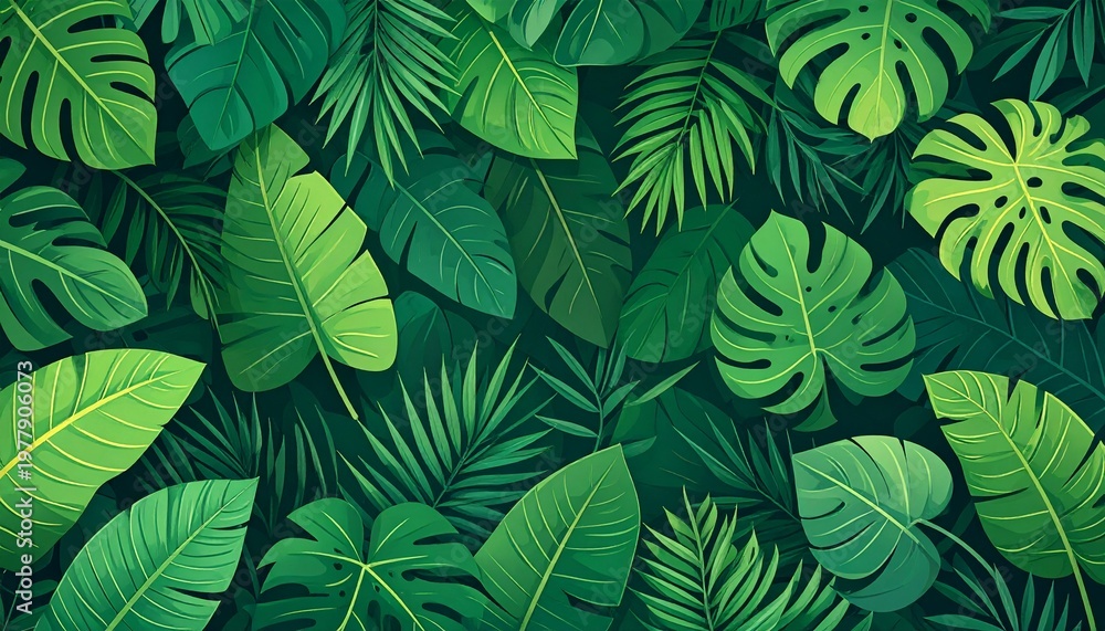 Fototapeta premium Dense seamless pattern of overlapping vibrant tropical jungle leaves