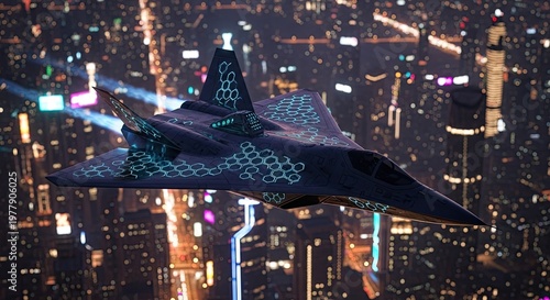 Stealth Fighter Jet Flying Over Cityscape at Night.