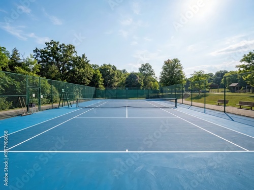 Tennis court bathed in sunlight, pristine and inviting, awaits the thrill of the game against the backdrop of a verdant park setting, promising sport and recreation.