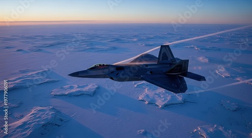 Stealth Fighter Jet Flying Over Ocean at Dawn.