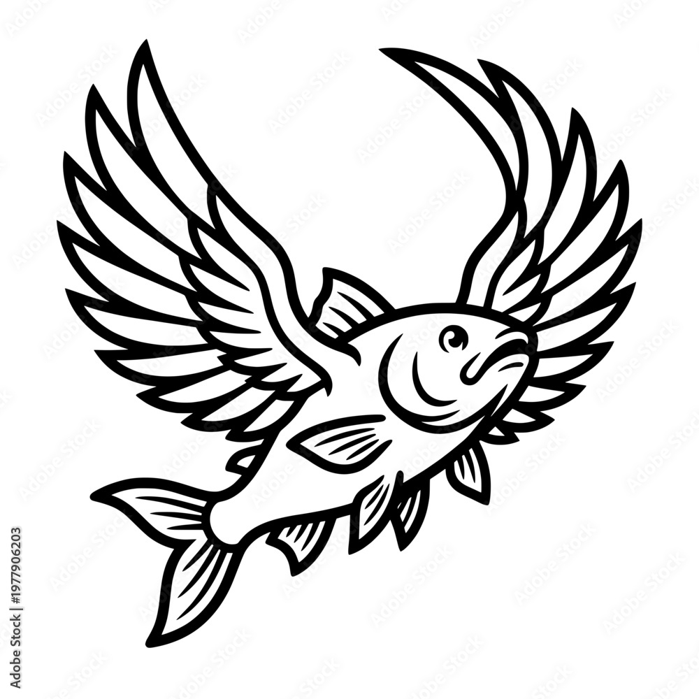 Obraz premium flying fish wings illustration black white line art mythical creature