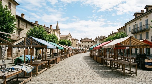 An inviting cobblestone street market with colorful stalls, set against the backdrop of historic buildings and a vibrant blue sky.