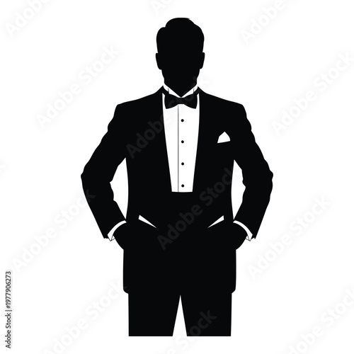 Elegant black tie suit silhouette man standing confidently with hands in pockets vector on white background