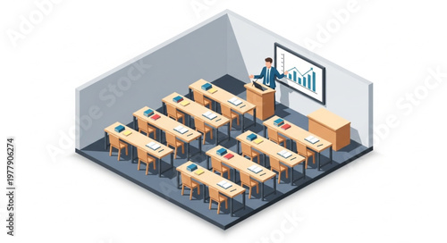 Isometric Classroom Scene with Teacher and Desks for Educational Presentation.