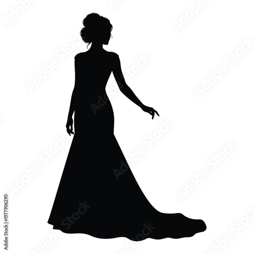 Elegant woman silhouette wearing long formal gown dress with flowing train pose vector on white background