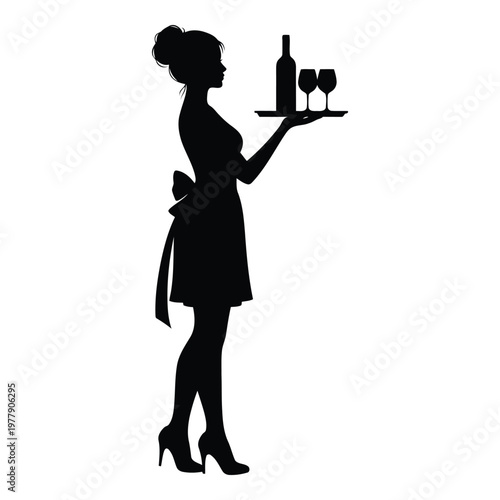 Elegant waitress silhouette holding wine bottle and glasses on tray for restaurant or event decor vector on white background