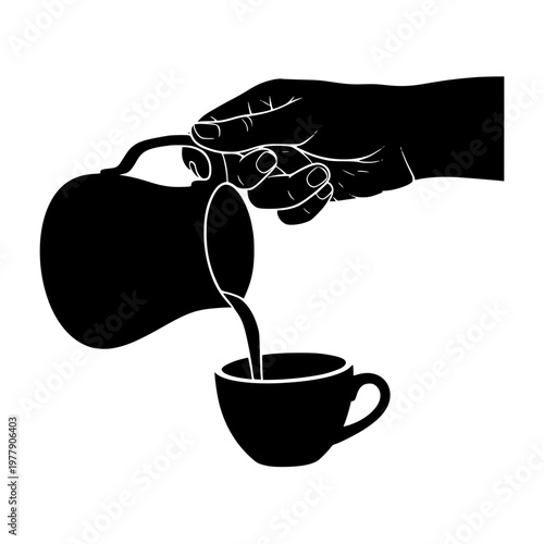 Black silhouette of a hand pouring liquid from a pitcher into a cup