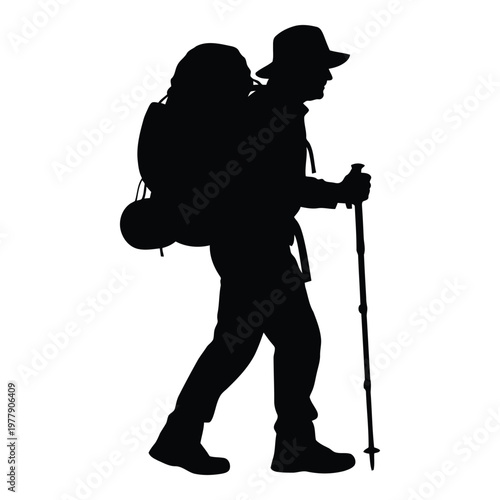 Hiker with backpack and trekking pole silhouette walking outdoors on adventure journey vector on white background