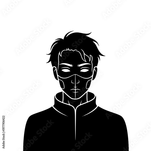 Black Silhouette Portrait of a Mysterious Male Character with a Face Mask