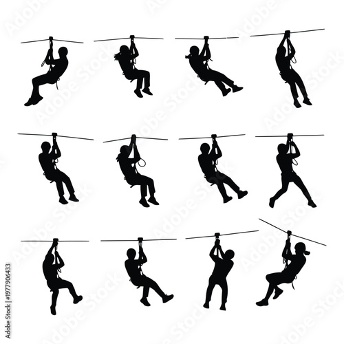 People Zip Lining With Various Body Positions Across Different Stages Of Movement vector on white background