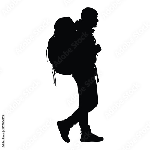 Person hiking with large backpack silhouette against plain background for outdoor adventure imagery vector on white background