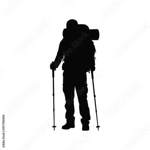 Person hiking with trekking poles and large backpack for outdoor adventure and exploration vector on white background