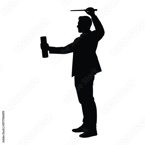 Person holding drink and conducting an orchestra with a baton in formal attire vector on white background