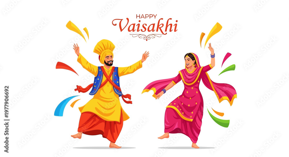 Obraz premium Vaisakhi celebration illustration featuring a Sikh couple in traditional Punjabi attire joyfully dancing against a white background with colorful confetti, conveying a vibrant and festive