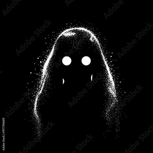 Spooky Mysterious Shadow Figure with Glowing White Eyes on Black Background