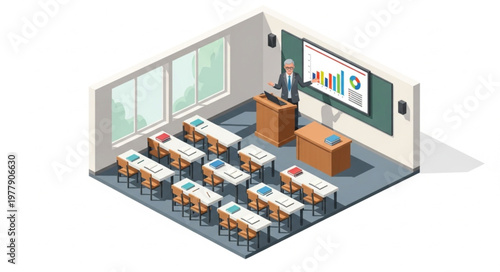 Isometric Classroom Scene with Teacher and Student Desks.