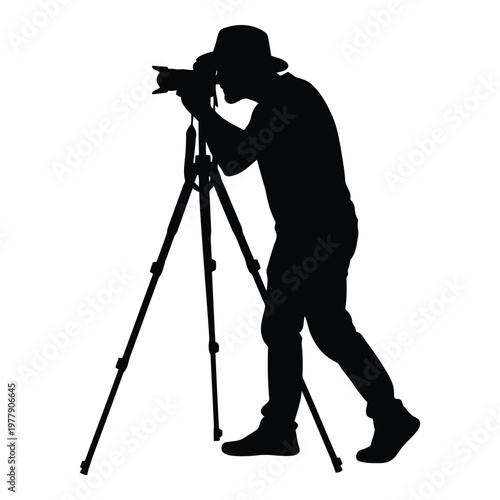 Photographer using professional camera mounted on tripod for outdoor shooting session vector on white background
