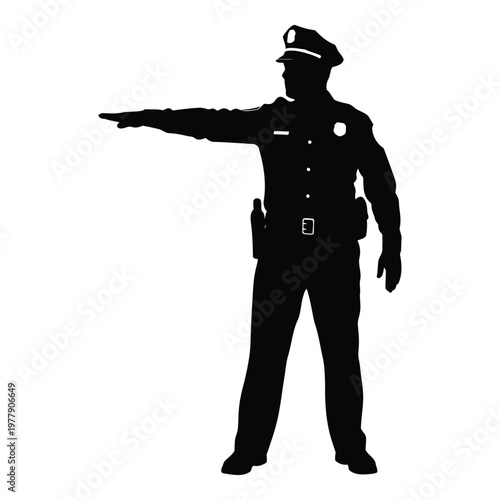 Police officer silhouette directing traffic with outstretched arm in uniform pose vector on white background