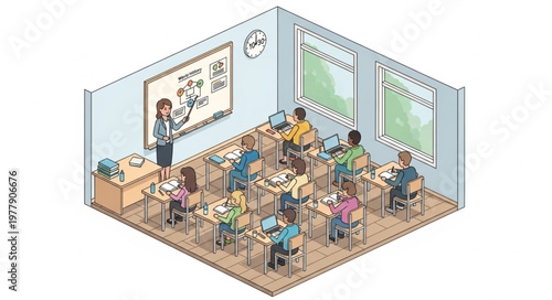 Isometric Classroom Scene - Teacher Explaining Math to Students.