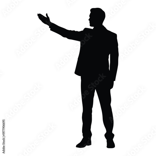 Professional silhouette of person gesturing with arm extended in formal attire vector on white background
