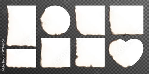 White paper corner burnt in fire, heart square ashed page. Book edge torn and ripped, extinguished collage border. Old heat-damaged letter, broken realistic document surface. Circle faded fiery line