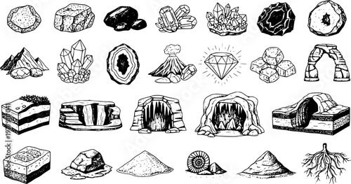 Hand-drawn Geology Set: Rocks, Minerals, Crystals, Caves, Volcano, Earth Layers  Fossils for Science Education and Exploration Icons