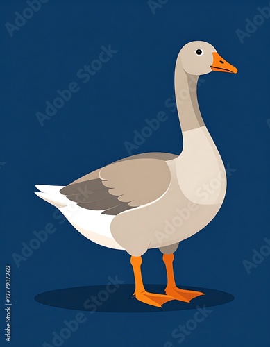A side-view illustration of a goose with grey and white feathers, orange feet and beak, against a dark blue background