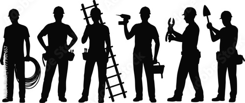 Collection of construction worker silhouettes, black industrial icons for maintenance, repair and professional builder service design