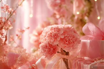 Mother's Day composition with pink carnations, ribbons, pearls, lace. Cinematic light with volumetric rays and soft bokeh. Top negative space for text. Photography for greeting cards.