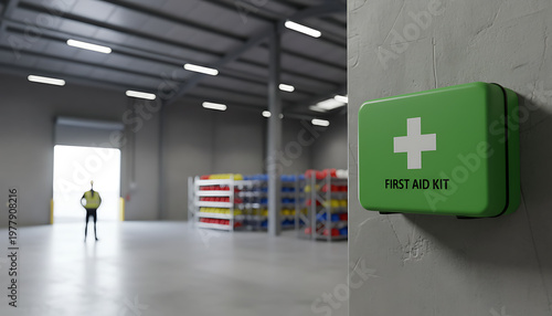 Green first aid kit box with white cross symbol mounted on concrete wall in industrial warehouse. Worker in safety vest stands near open bay door in background. Industrial Safety & Workplace