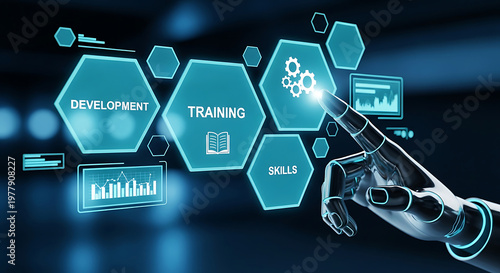 futuristic digital interface for business training skills development and human resources management with a robotic hand.