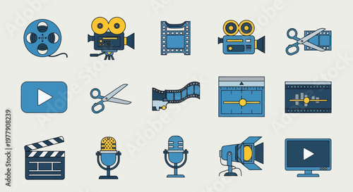 Video Editing Icons Set: Film, Camera, Scissors, Play Button, Microphone, Spotlight